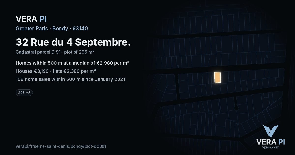 32 Rue du 4 Septembre, Bondy at night – the plot lit, the parcels around coloured by the prices near them