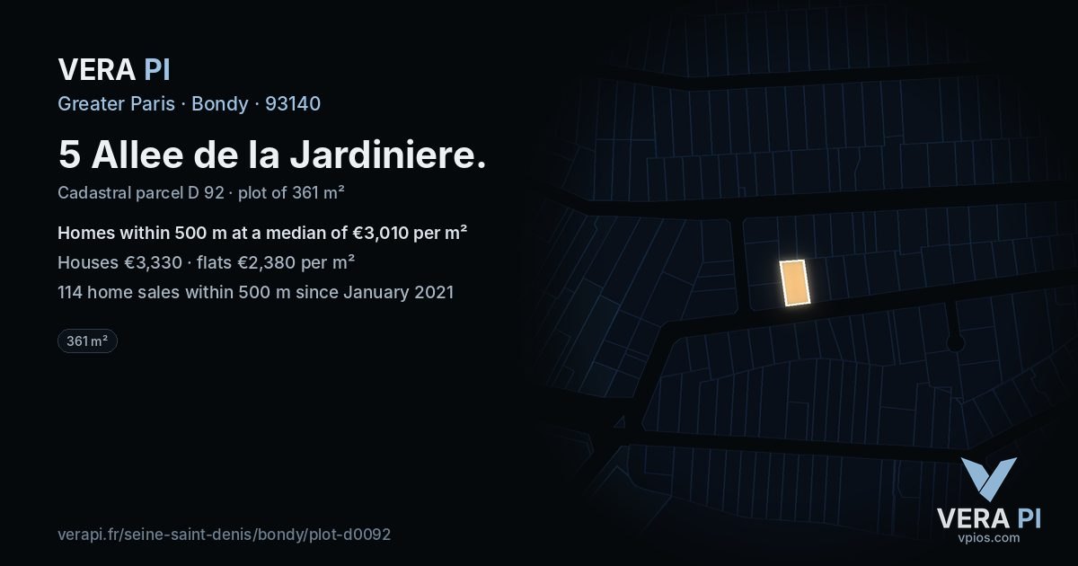 5 Allee de la Jardiniere, Bondy at night – the plot lit, the parcels around coloured by the prices near them