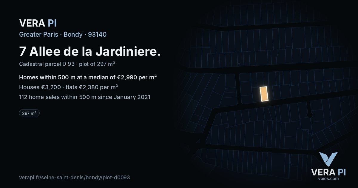7 Allee de la Jardiniere, Bondy at night – the plot lit, the parcels around coloured by the prices near them
