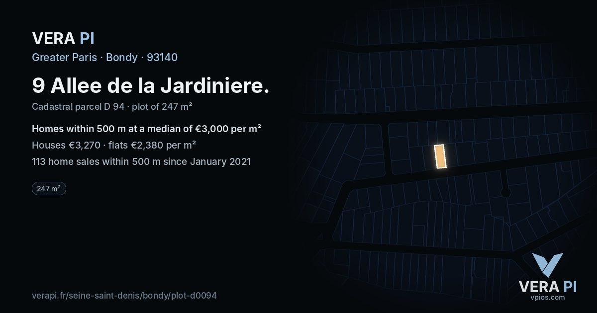 9 Allee de la Jardiniere, Bondy at night – the plot lit, the parcels around coloured by the prices near them