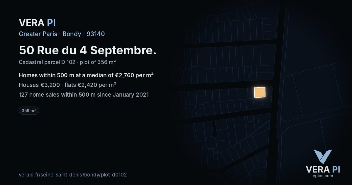 50 Rue du 4 Septembre, Bondy at night – the plot lit, the parcels around coloured by the prices near them