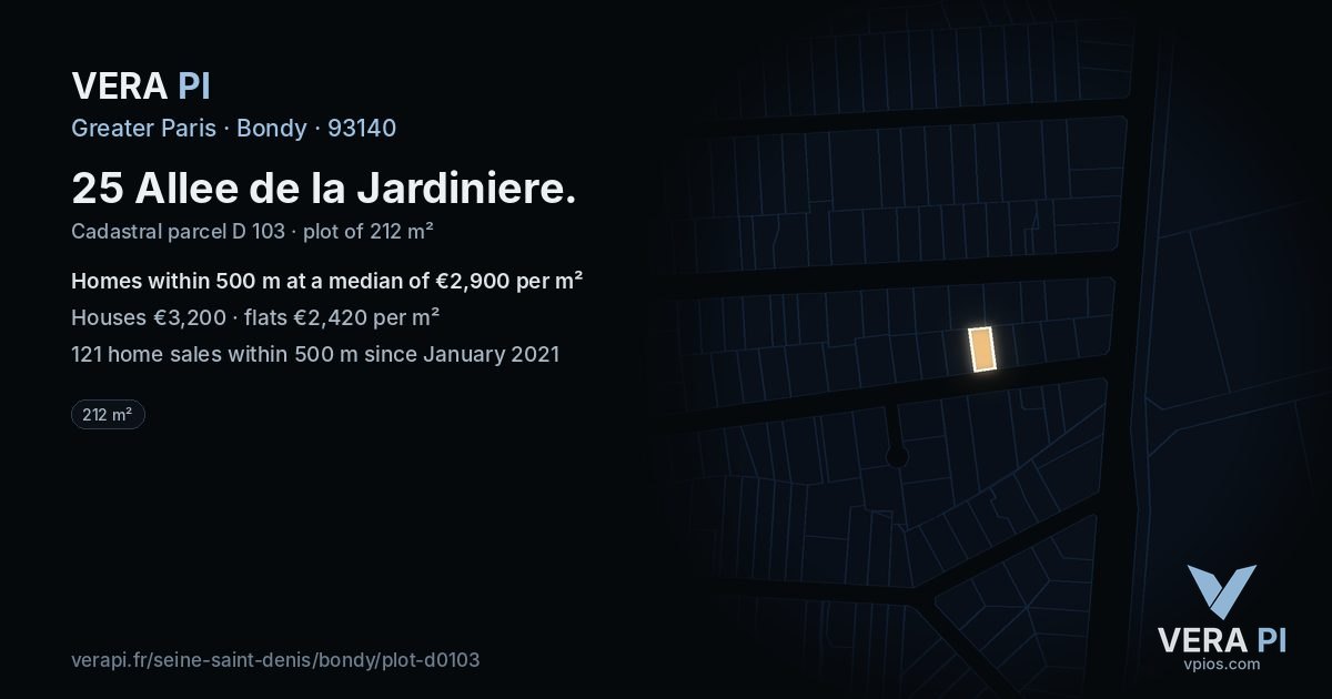 25 Allee de la Jardiniere, Bondy at night – the plot lit, the parcels around coloured by the prices near them