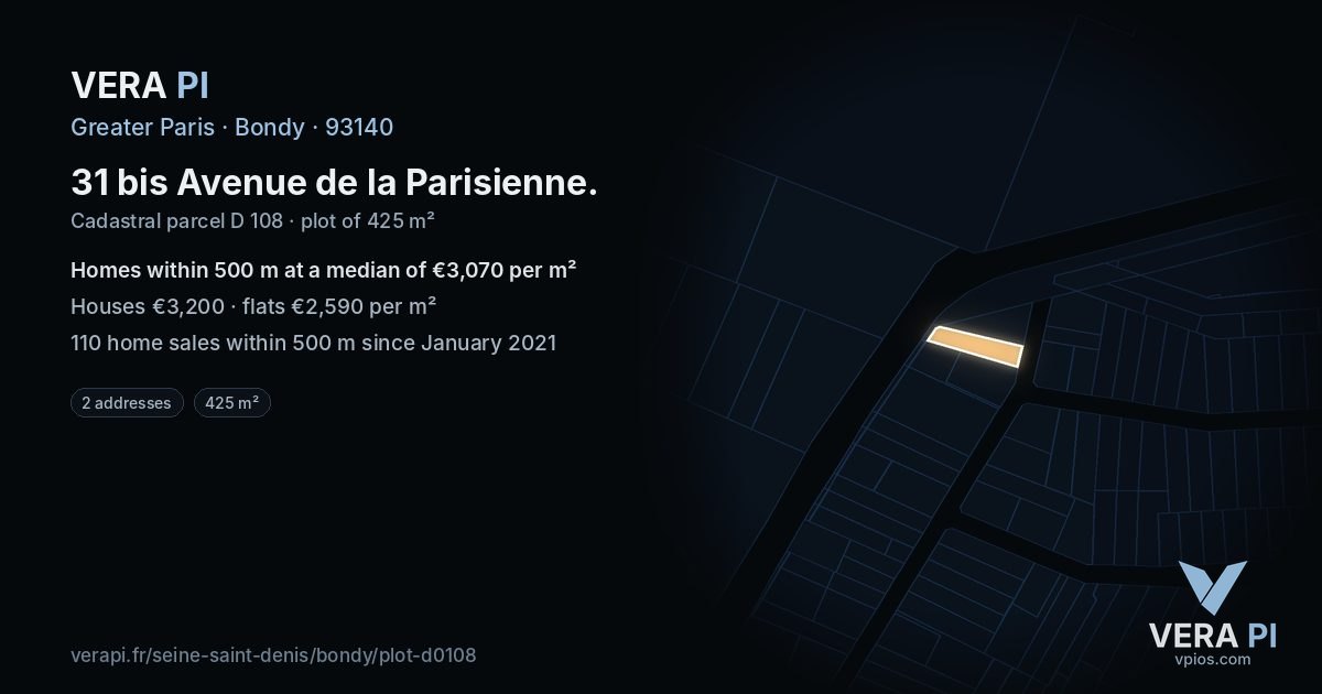 31 bis Avenue de la Parisienne, Bondy at night – the plot lit, the parcels around coloured by the prices near them