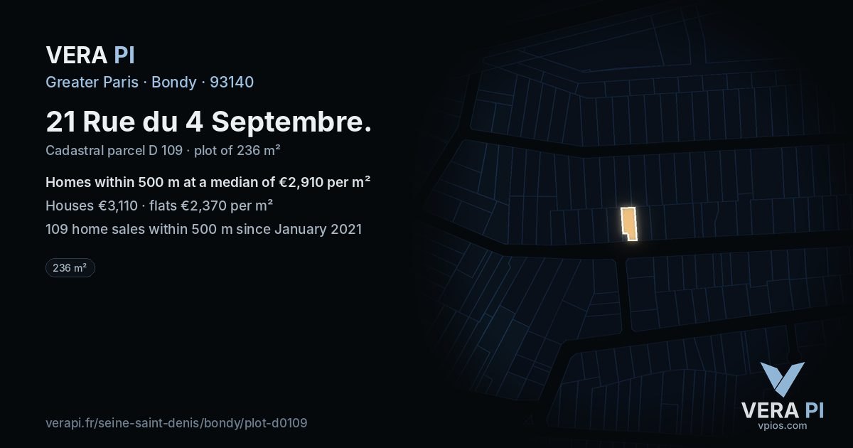 21 Rue du 4 Septembre, Bondy at night – the plot lit, the parcels around coloured by the prices near them