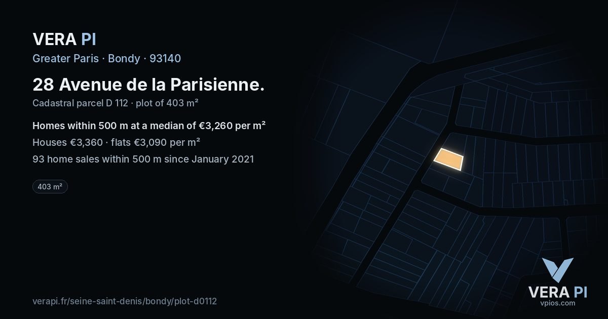 28 Avenue de la Parisienne, Bondy at night – the plot lit, the parcels around coloured by the prices near them