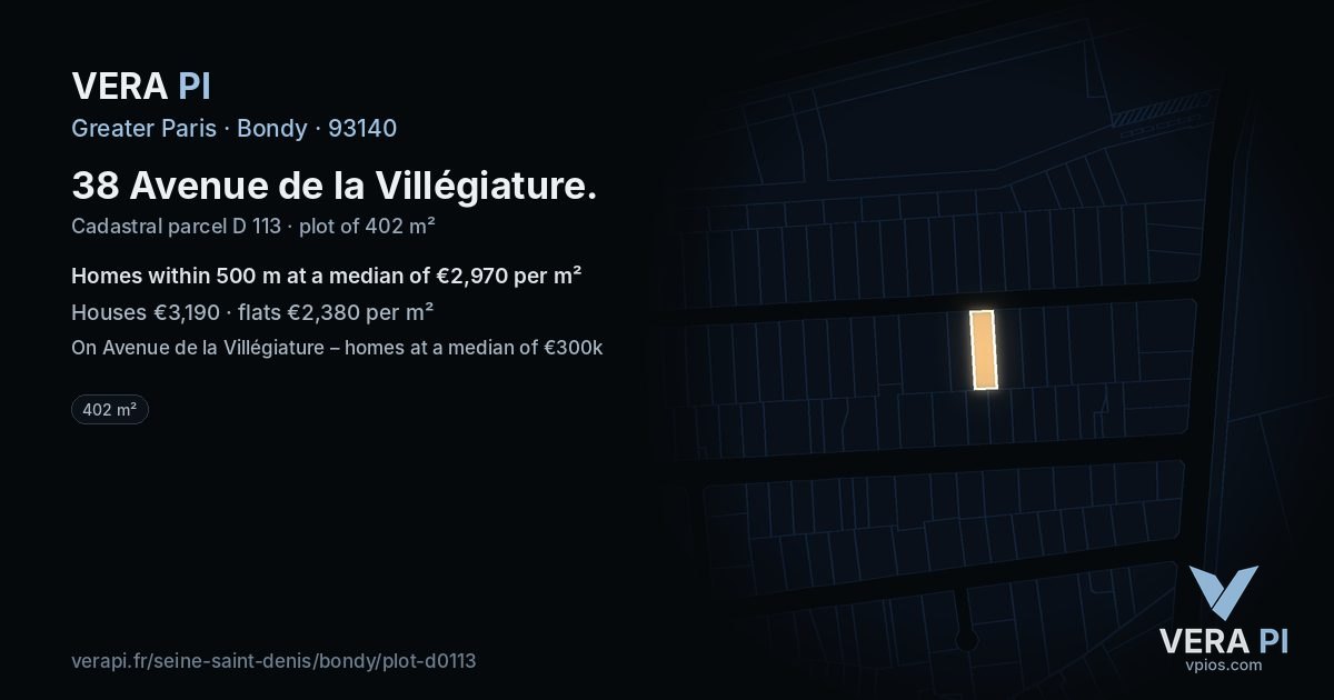 38 Avenue de la Villégiature, Bondy at night – the plot lit, the parcels around coloured by the prices near them