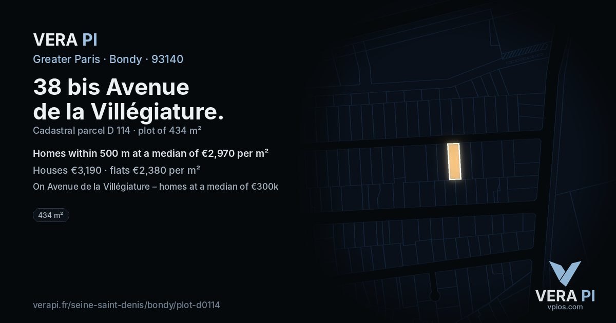 38 bis Avenue de la Villégiature, Bondy at night – the plot lit, the parcels around coloured by the prices near them