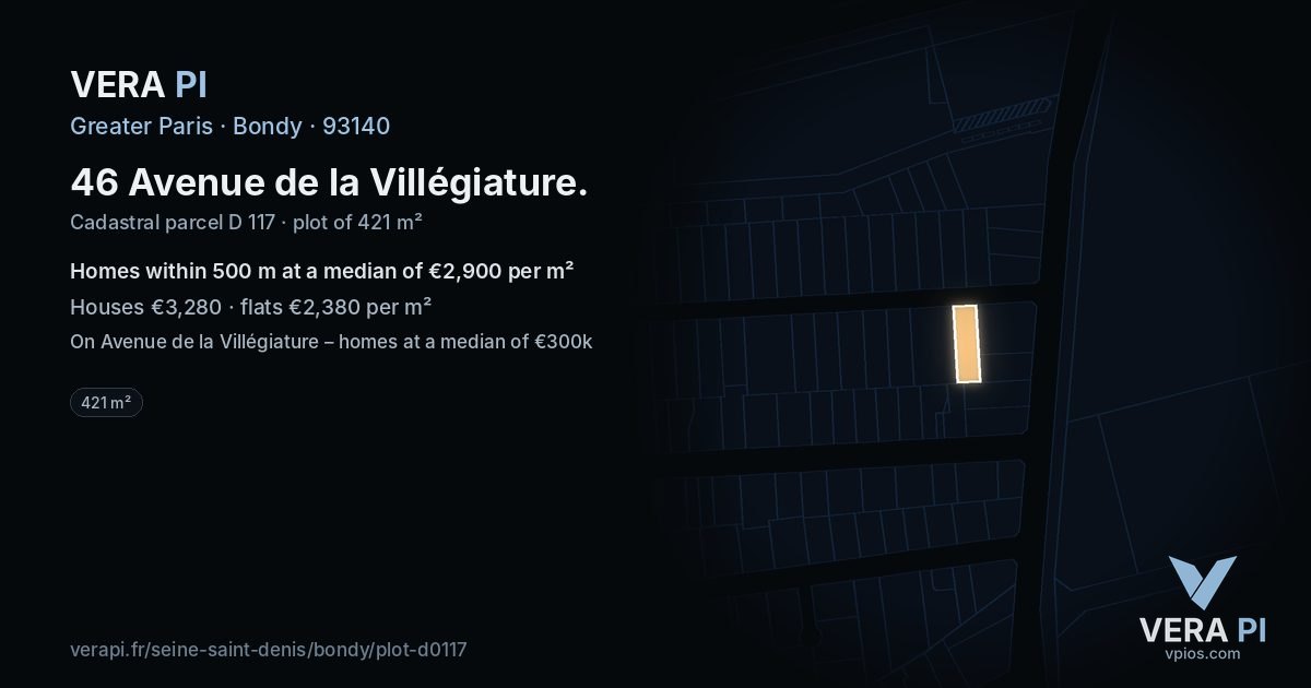 46 Avenue de la Villégiature, Bondy at night – the plot lit, the parcels around coloured by the prices near them