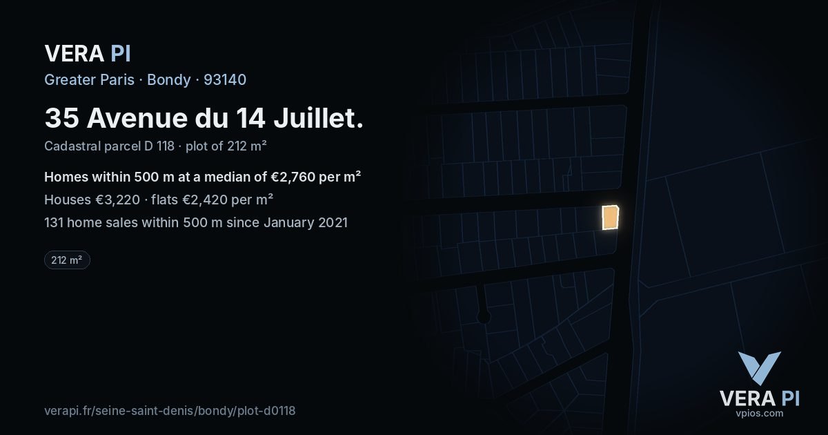 35 Avenue du 14 Juillet, Bondy at night – the plot lit, the parcels around coloured by the prices near them