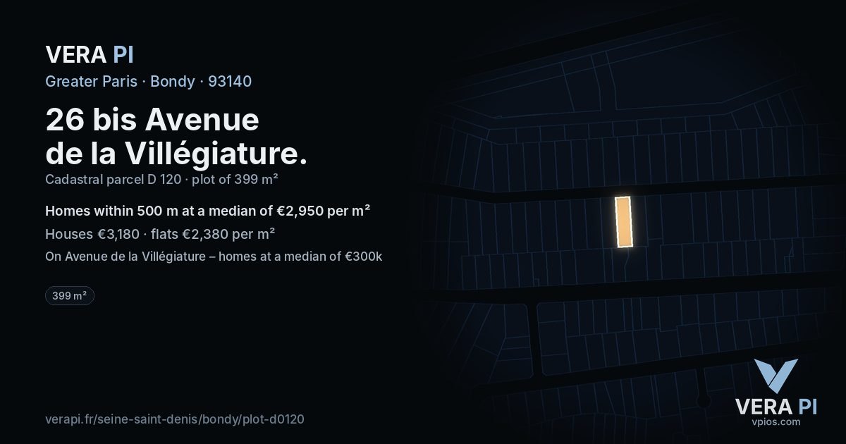 26 bis Avenue de la Villégiature, Bondy at night – the plot lit, the parcels around coloured by the prices near them