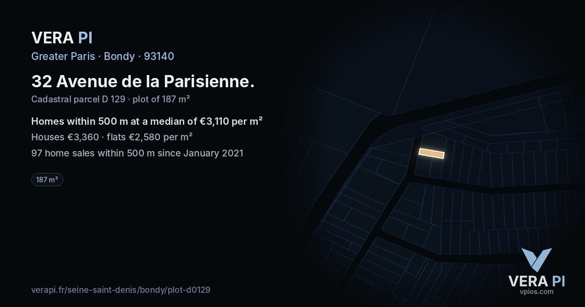 32 Avenue de la Parisienne, Bondy at night – the plot lit, the parcels around coloured by the prices near them