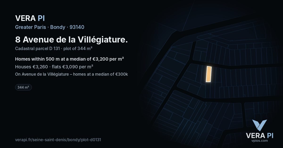8 Avenue de la Villégiature, Bondy at night – the plot lit, the parcels around coloured by the prices near them