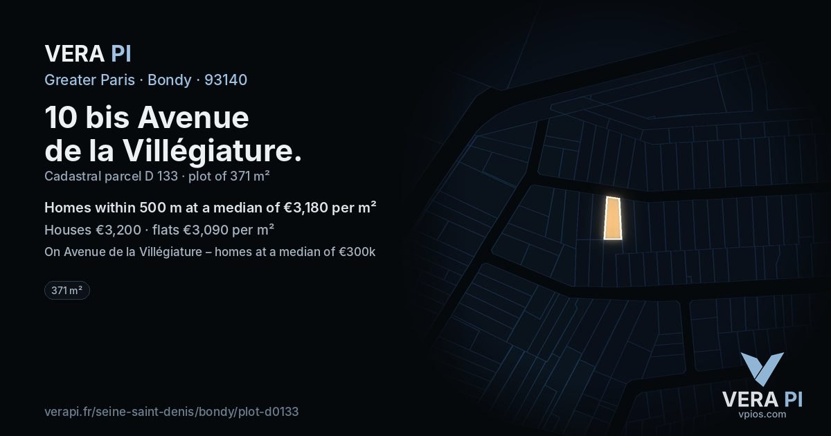 10 bis Avenue de la Villégiature, Bondy at night – the plot lit, the parcels around coloured by the prices near them