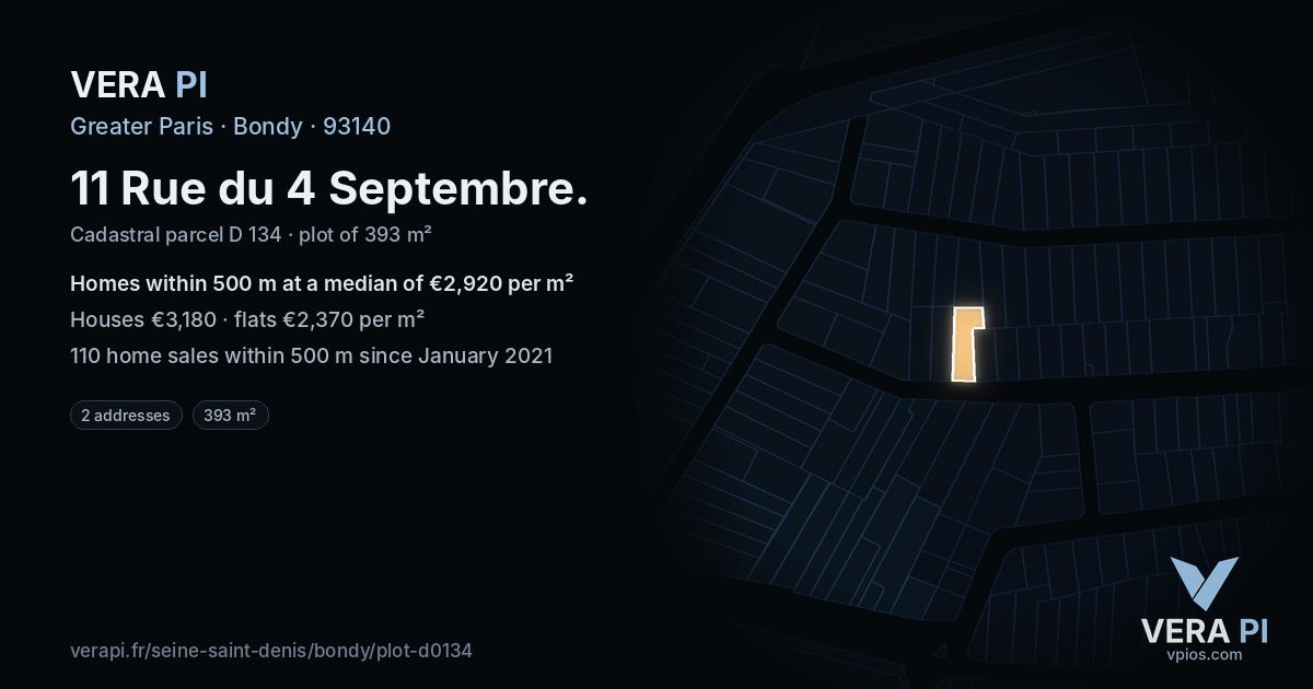 11 Rue du 4 Septembre, Bondy at night – the plot lit, the parcels around coloured by the prices near them