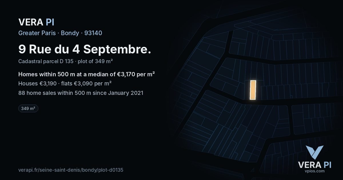 9 Rue du 4 Septembre, Bondy at night – the plot lit, the parcels around coloured by the prices near them