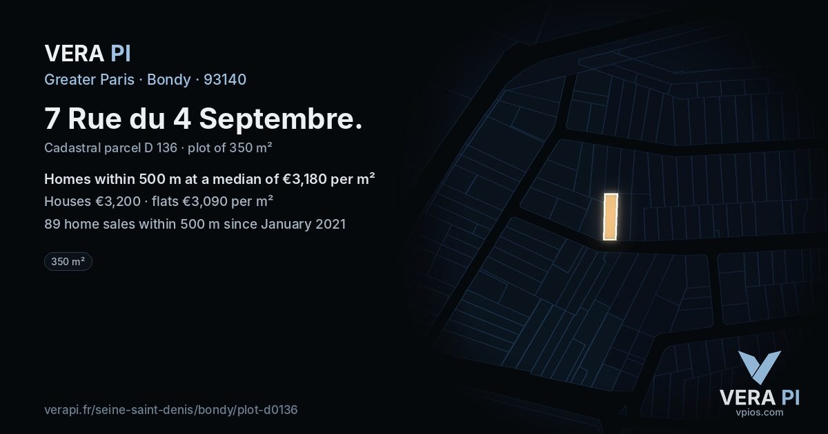 7 Rue du 4 Septembre, Bondy at night – the plot lit, the parcels around coloured by the prices near them