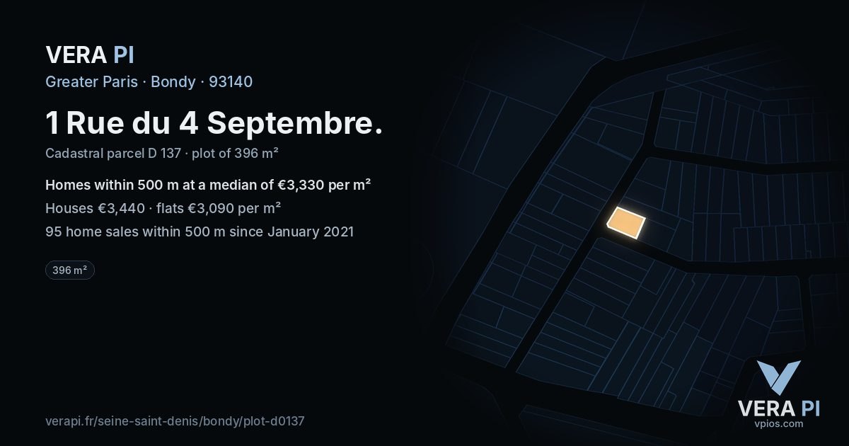 1 Rue du 4 Septembre, Bondy at night – the plot lit, the parcels around coloured by the prices near them