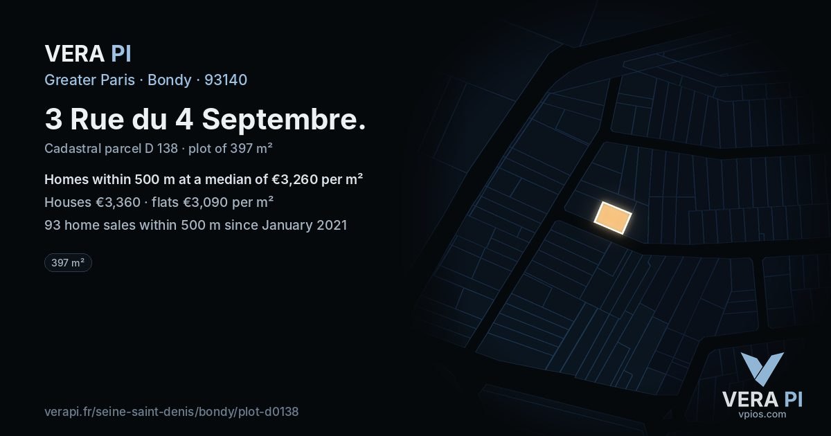 3 Rue du 4 Septembre, Bondy at night – the plot lit, the parcels around coloured by the prices near them