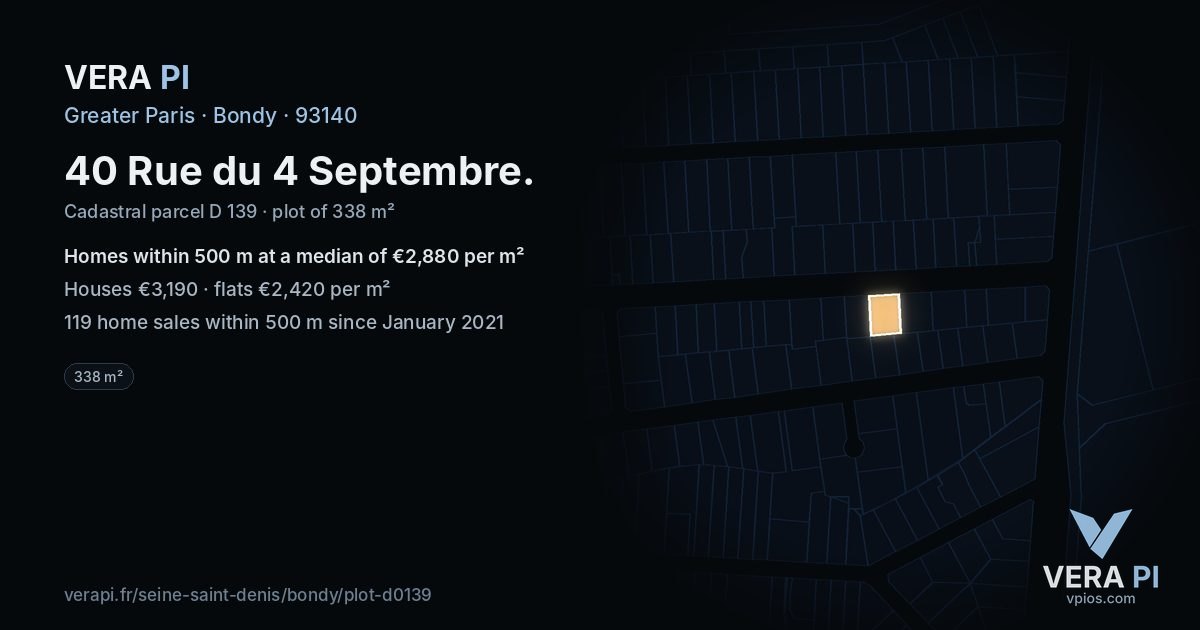 40 Rue du 4 Septembre, Bondy at night – the plot lit, the parcels around coloured by the prices near them
