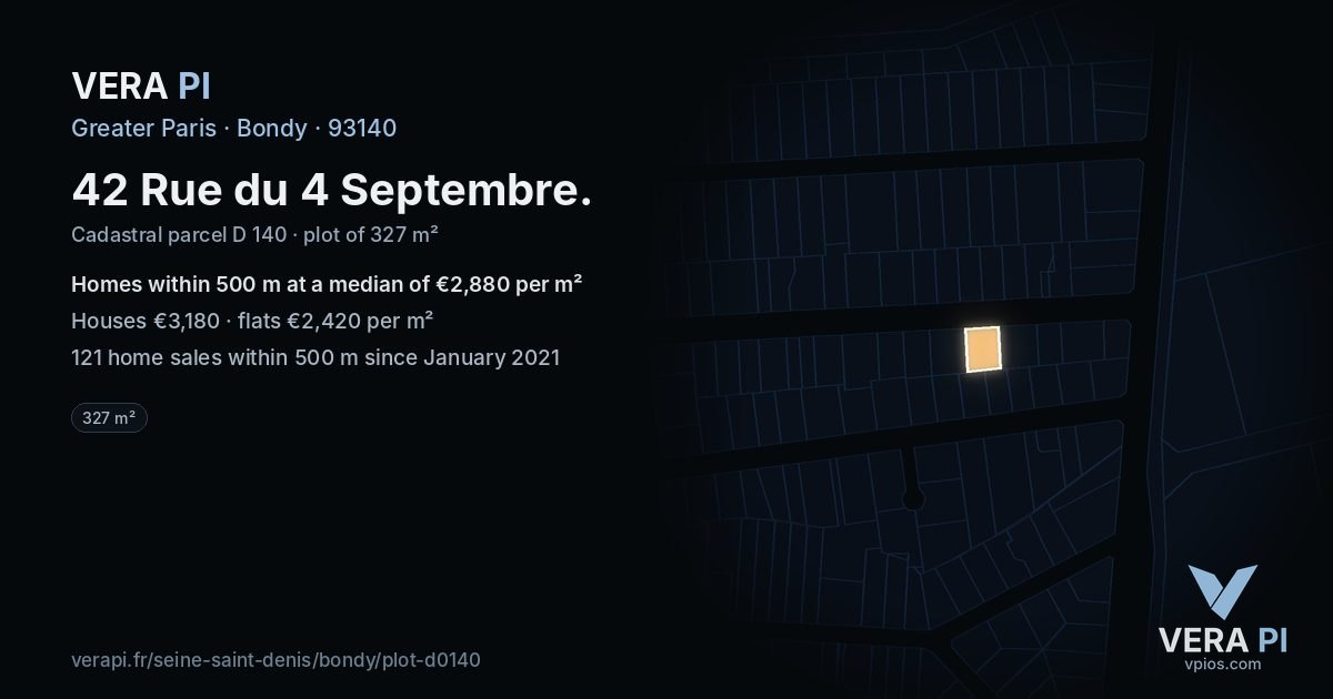 42 Rue du 4 Septembre, Bondy at night – the plot lit, the parcels around coloured by the prices near them
