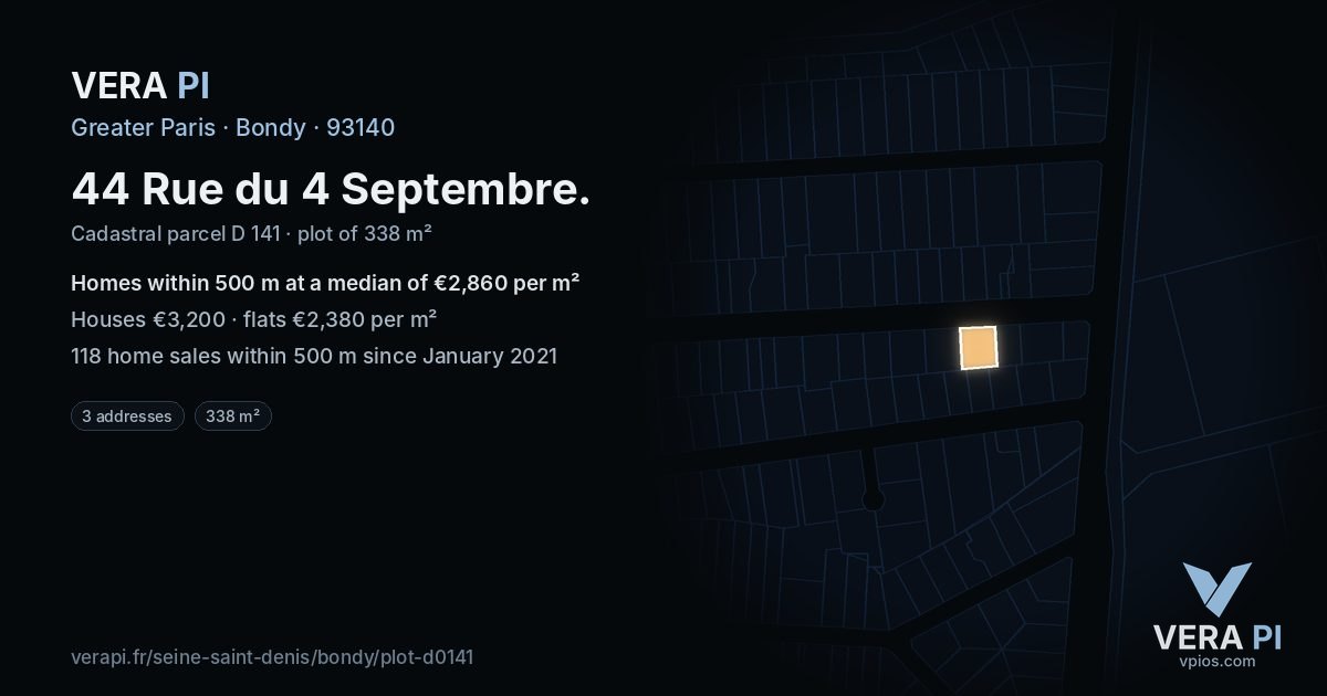 44 Rue du 4 Septembre, Bondy at night – the plot lit, the parcels around coloured by the prices near them