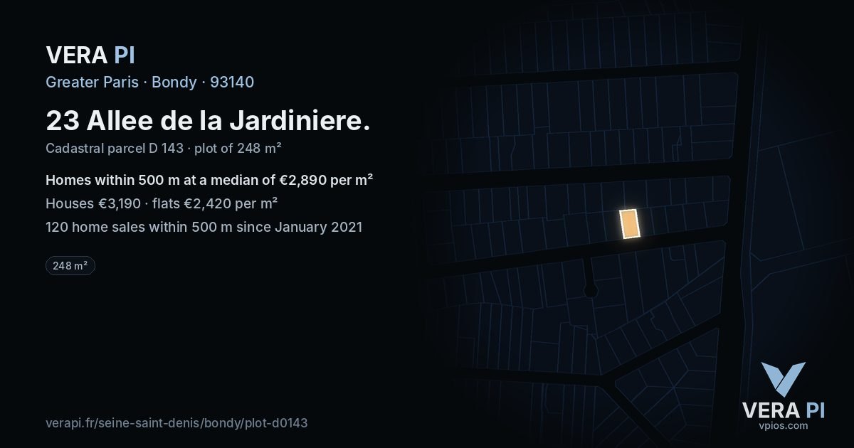 23 Allee de la Jardiniere, Bondy at night – the plot lit, the parcels around coloured by the prices near them