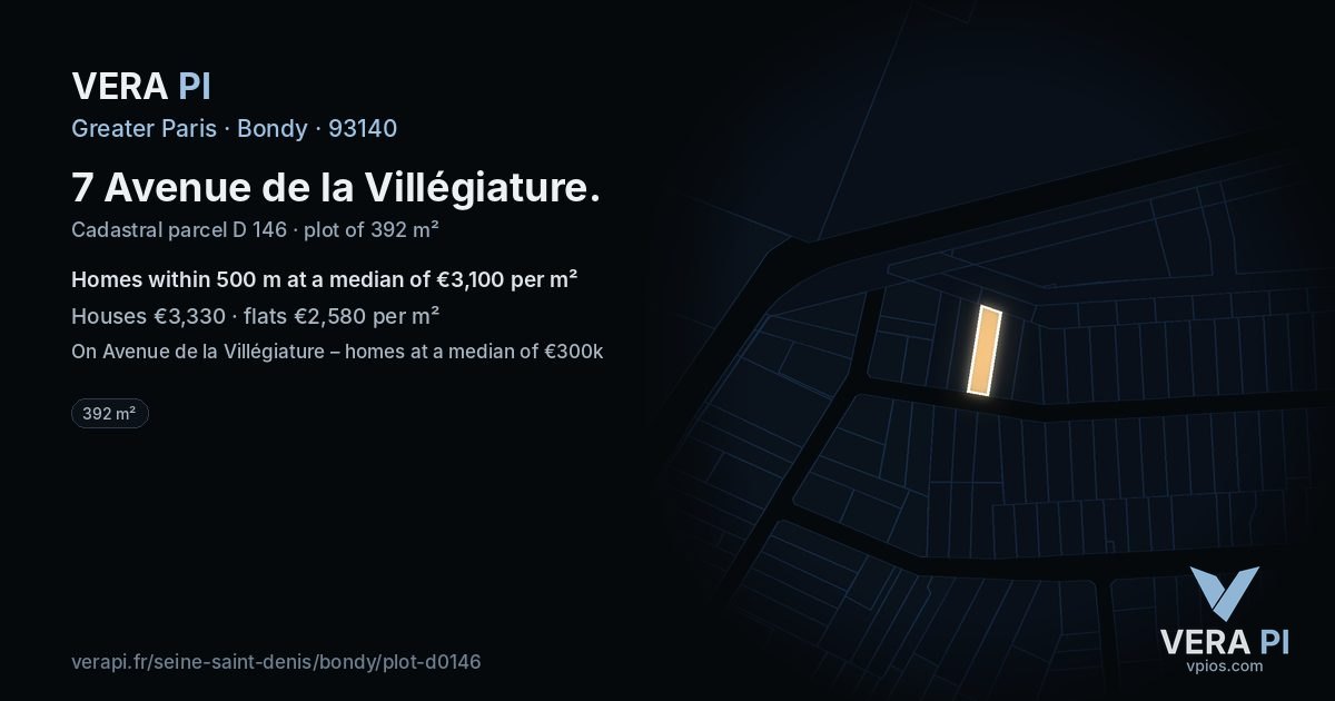 7 Avenue de la Villégiature, Bondy at night – the plot lit, the parcels around coloured by the prices near them