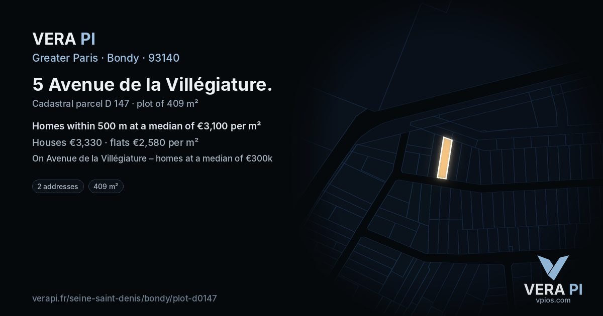 5 Avenue de la Villégiature, Bondy at night – the plot lit, the parcels around coloured by the prices near them
