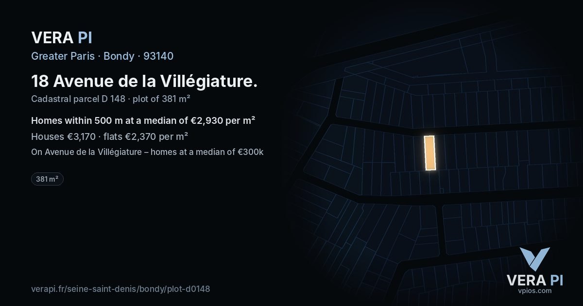 18 Avenue de la Villégiature, Bondy at night – the plot lit, the parcels around coloured by the prices near them