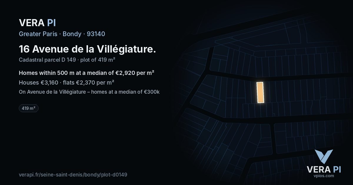 16 Avenue de la Villégiature, Bondy at night – the plot lit, the parcels around coloured by the prices near them