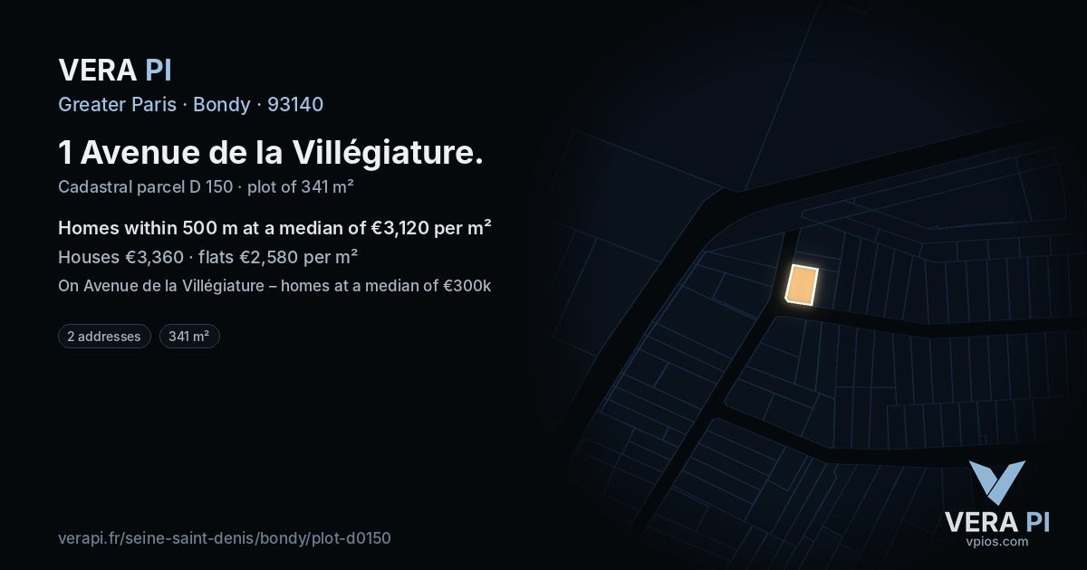 1 Avenue de la Villégiature, Bondy at night – the plot lit, the parcels around coloured by the prices near them
