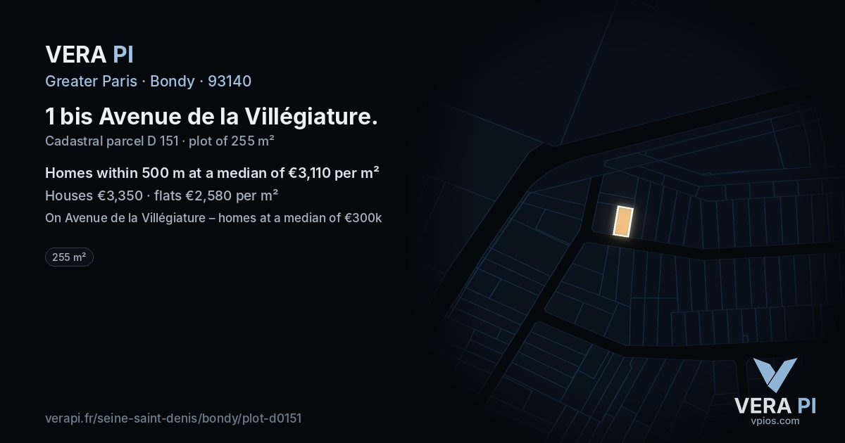 1 bis Avenue de la Villégiature, Bondy at night – the plot lit, the parcels around coloured by the prices near them