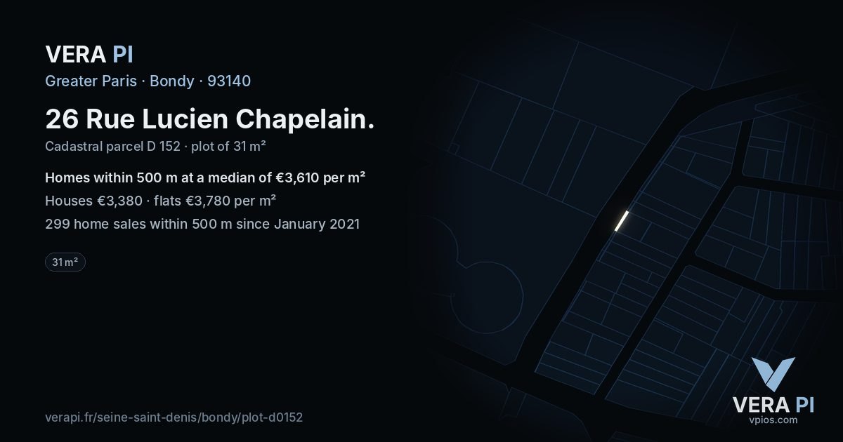 26 Rue Lucien Chapelain, Bondy at night – the plot lit, the parcels around coloured by the prices near them