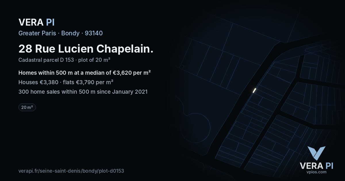 28 Rue Lucien Chapelain, Bondy at night – the plot lit, the parcels around coloured by the prices near them