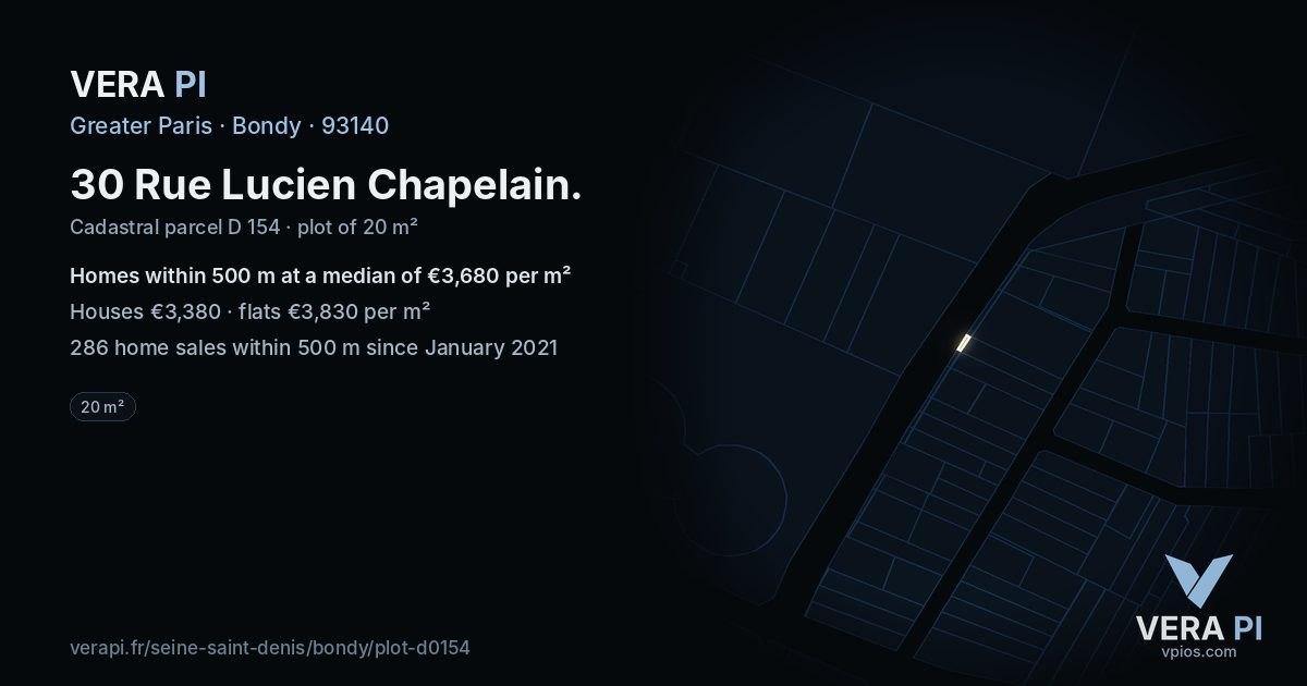 30 Rue Lucien Chapelain, Bondy at night – the plot lit, the parcels around coloured by the prices near them