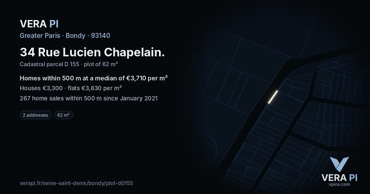 34 Rue Lucien Chapelain, Bondy at night – the plot lit, the parcels around coloured by the prices near them