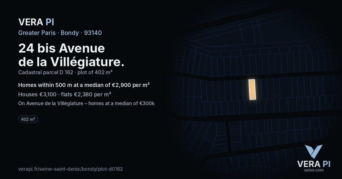 24 bis Avenue de la Villégiature, Bondy at night – the plot lit, the parcels around coloured by the prices near them