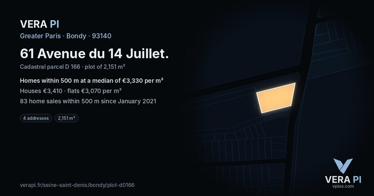 61 Avenue du 14 Juillet, Bondy at night – the plot lit, the parcels around coloured by the prices near them