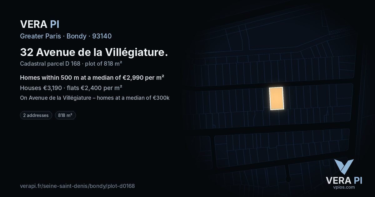 32 Avenue de la Villégiature, Bondy at night – the plot lit, the parcels around coloured by the prices near them