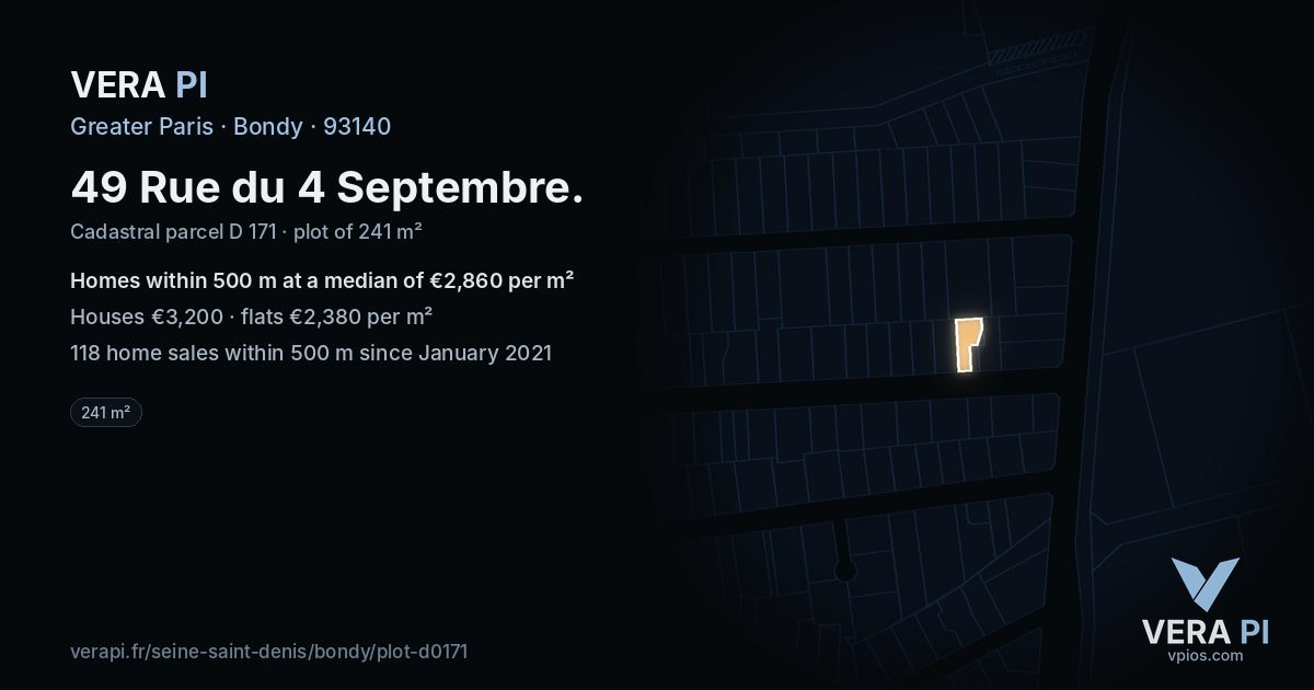 49 Rue du 4 Septembre, Bondy at night – the plot lit, the parcels around coloured by the prices near them