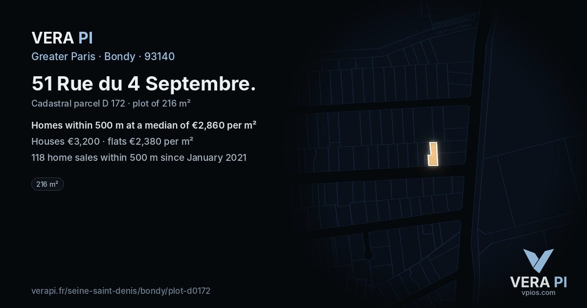 51 Rue du 4 Septembre, Bondy at night – the plot lit, the parcels around coloured by the prices near them