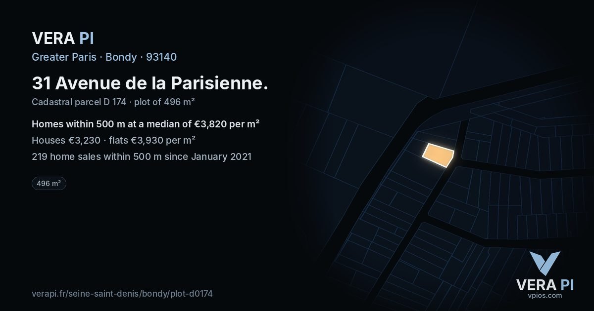 31 Avenue de la Parisienne, Bondy at night – the plot lit, the parcels around coloured by the prices near them