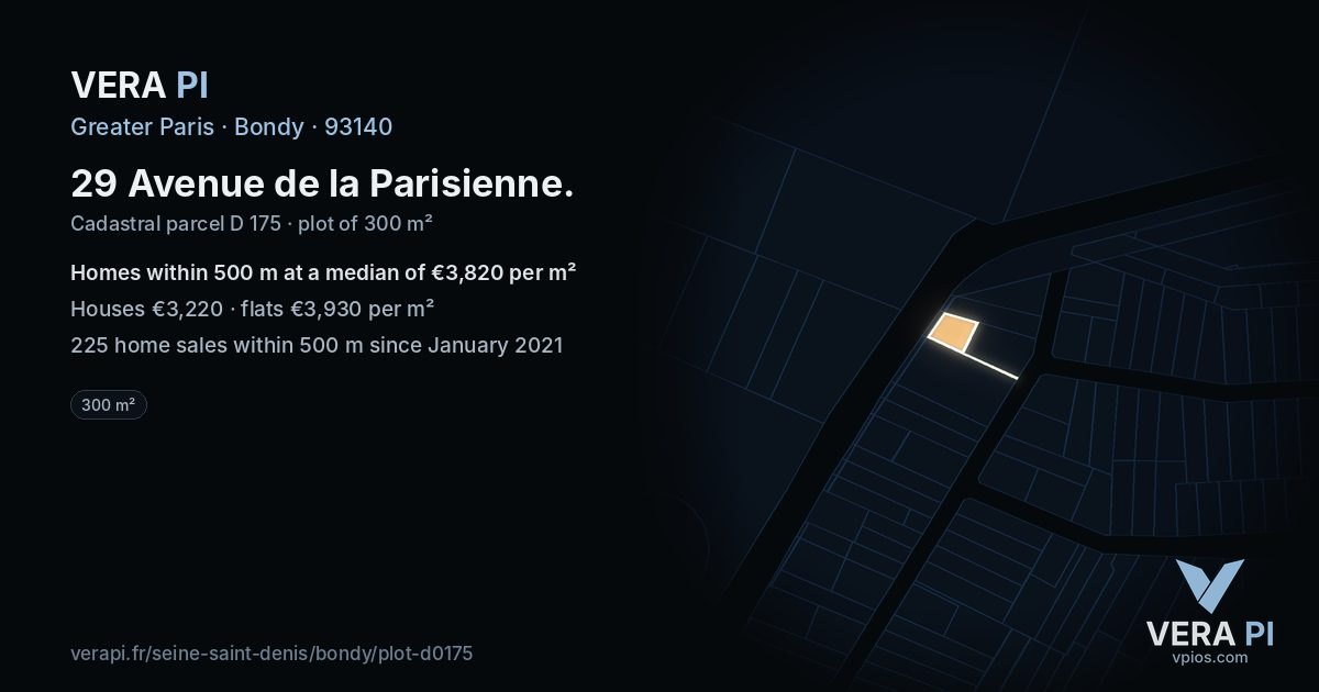 29 Avenue de la Parisienne, Bondy at night – the plot lit, the parcels around coloured by the prices near them