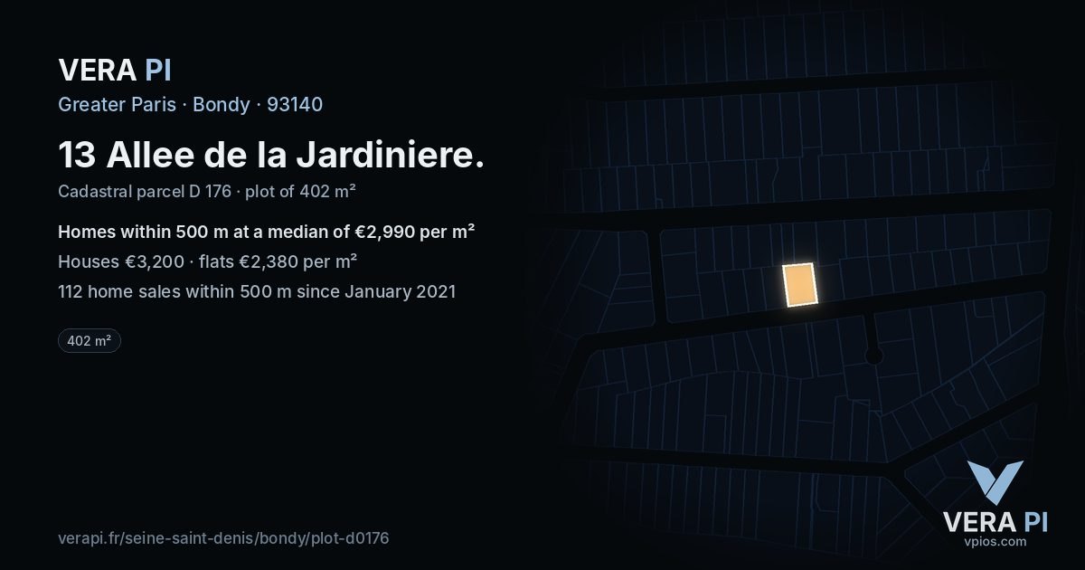 13 Allee de la Jardiniere, Bondy at night – the plot lit, the parcels around coloured by the prices near them