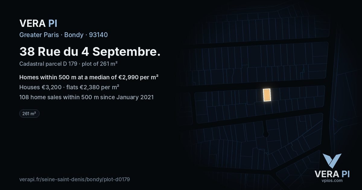 38 Rue du 4 Septembre, Bondy at night – the plot lit, the parcels around coloured by the prices near them