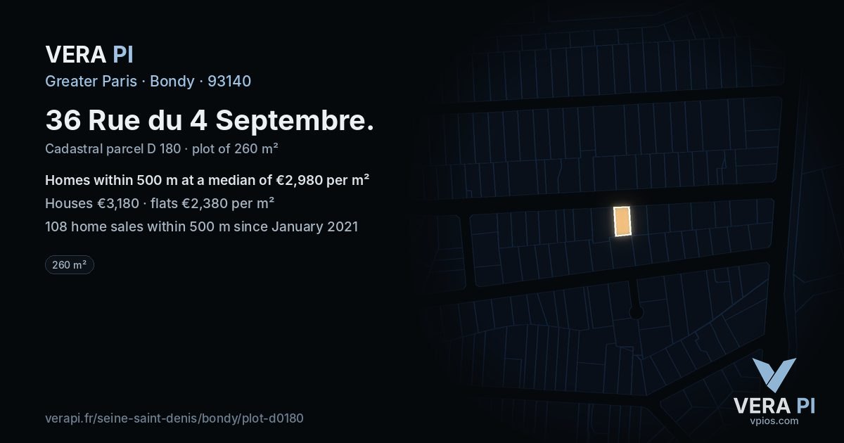 36 Rue du 4 Septembre, Bondy at night – the plot lit, the parcels around coloured by the prices near them