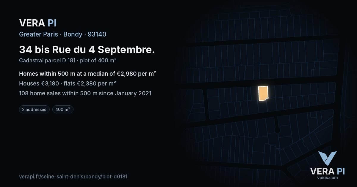 34 bis Rue du 4 Septembre, Bondy at night – the plot lit, the parcels around coloured by the prices near them