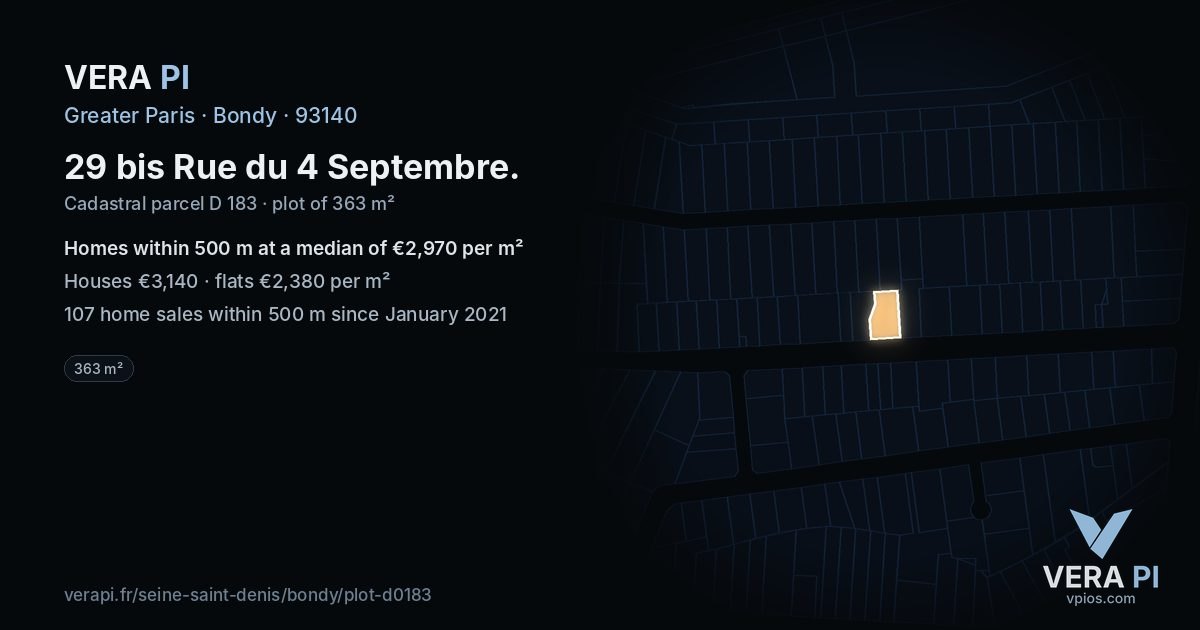 29 bis Rue du 4 Septembre, Bondy at night – the plot lit, the parcels around coloured by the prices near them