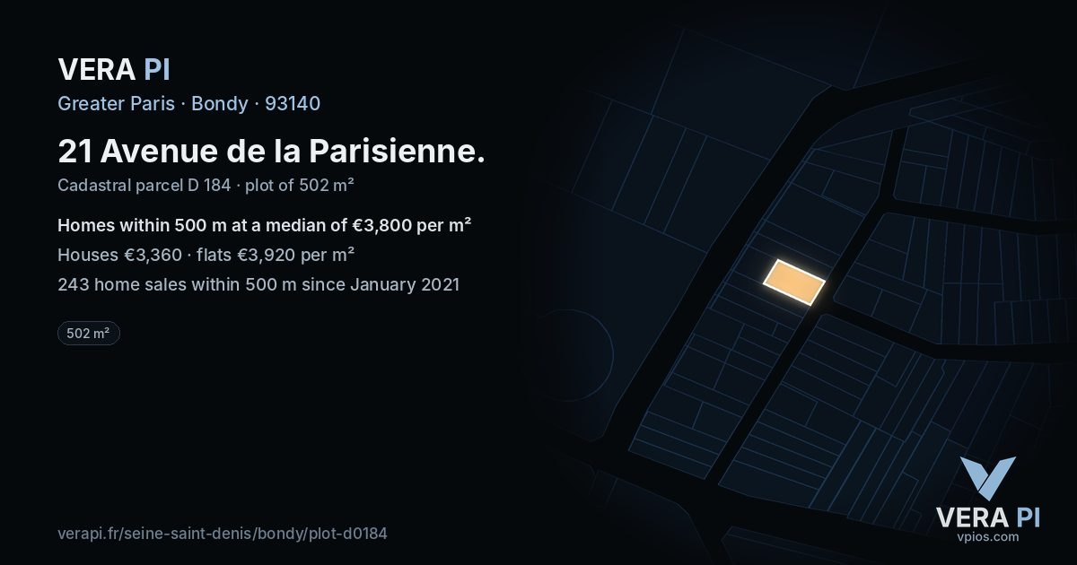 21 Avenue de la Parisienne, Bondy at night – the plot lit, the parcels around coloured by the prices near them