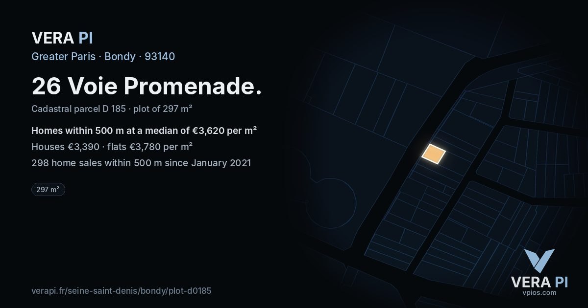 26 Voie Promenade, Bondy at night – the plot lit, the parcels around coloured by the prices near them